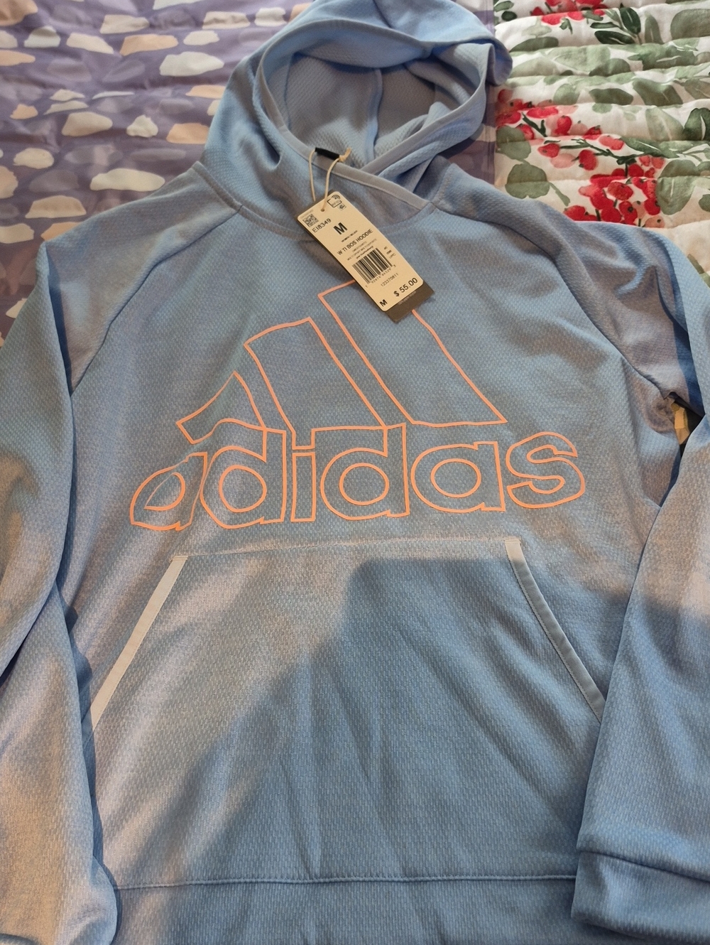 adidas Men's Light Blue Crewneck Hoodie with Pink-Outlined Logo
